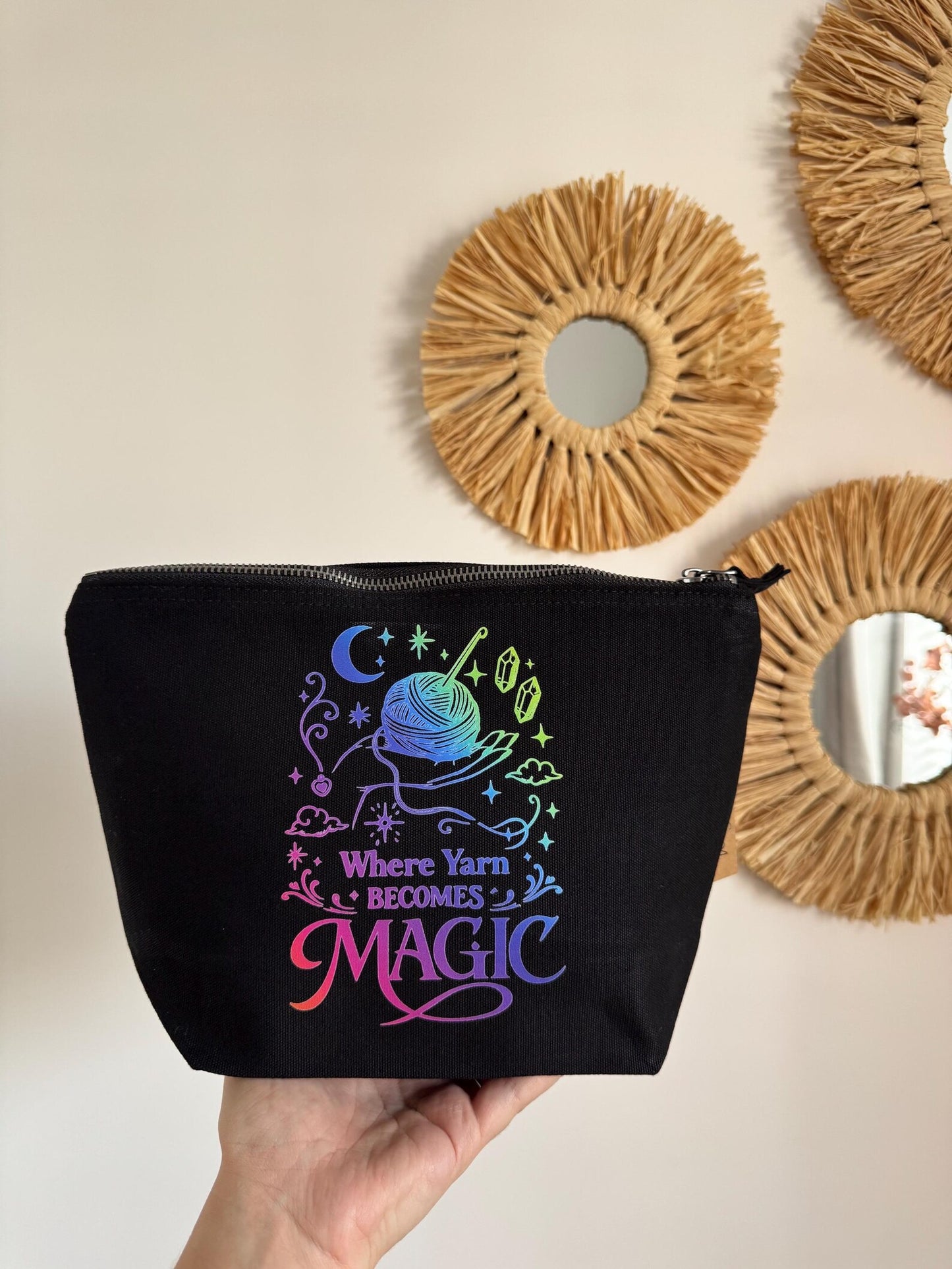 Where Yarn Becomes Magic Black Zipped Project Bag